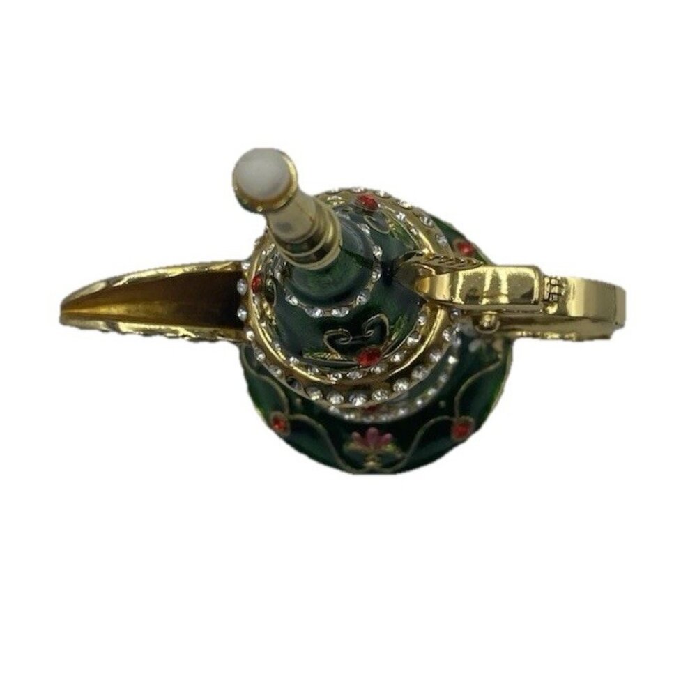 Signed Qifu Green Enamel Jeweled Arabian Nights Trinket Stash Ring Vanity Box - Picture 5 of 12